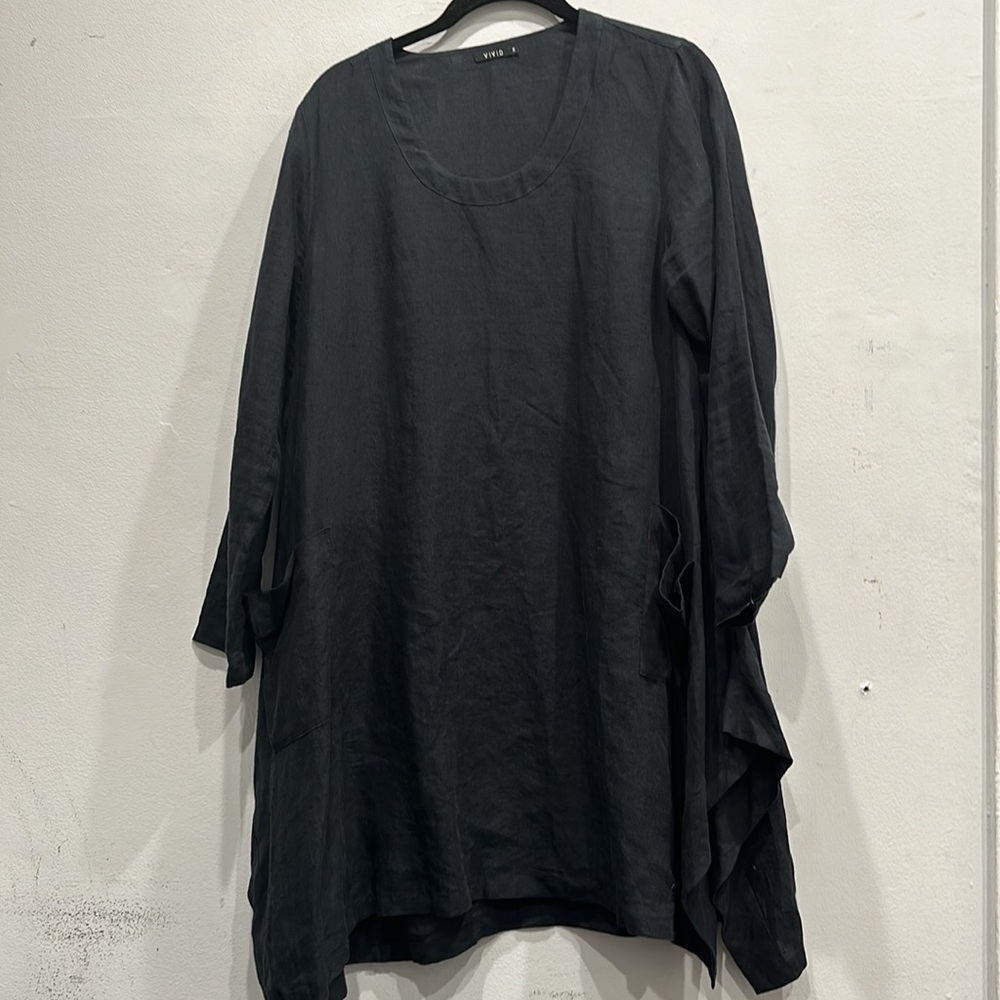 VIVID 100% Linen Long sleeve top tunic lagenlook black medium boho classic - Picture 5 of 11